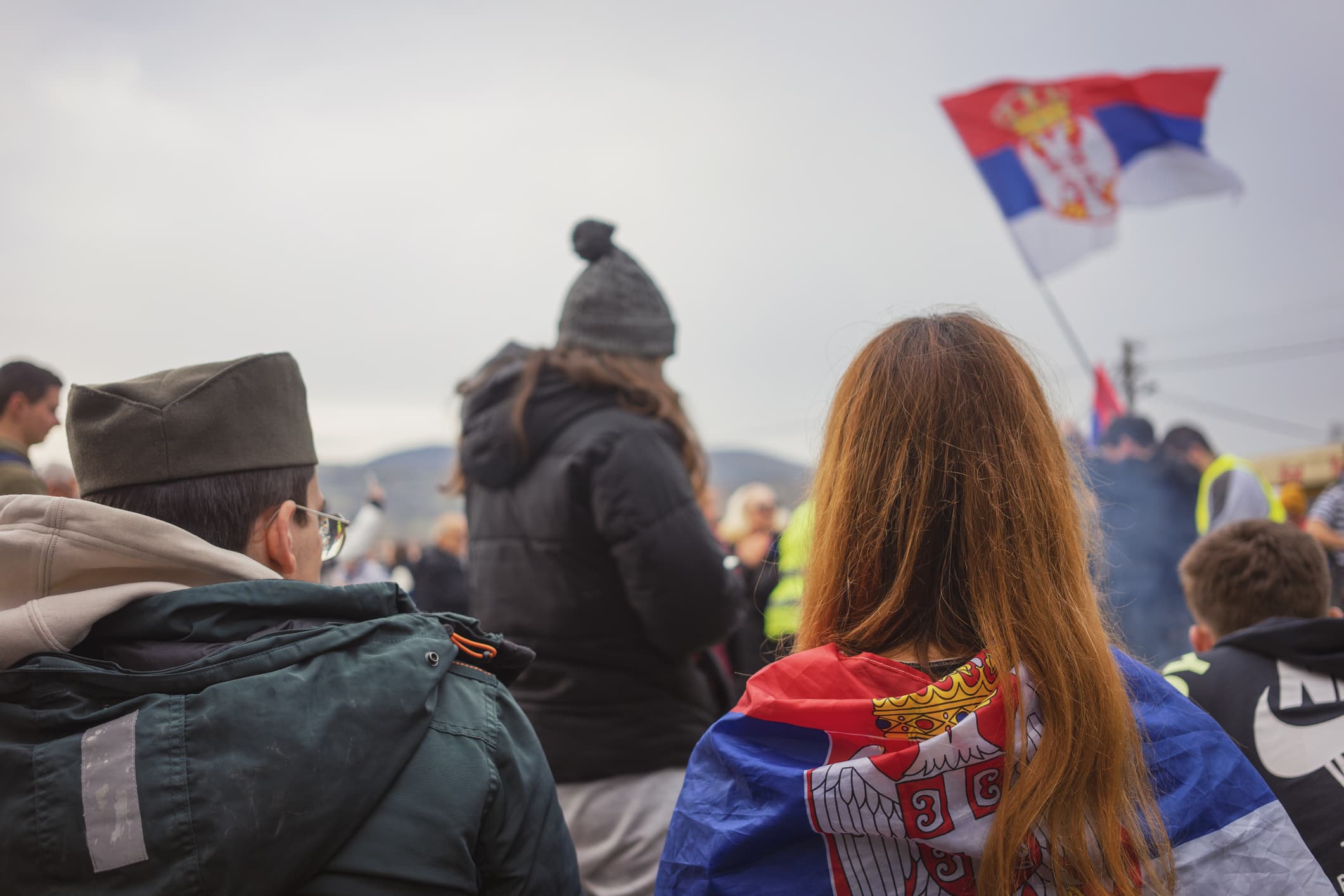 Serbian protestors with flag