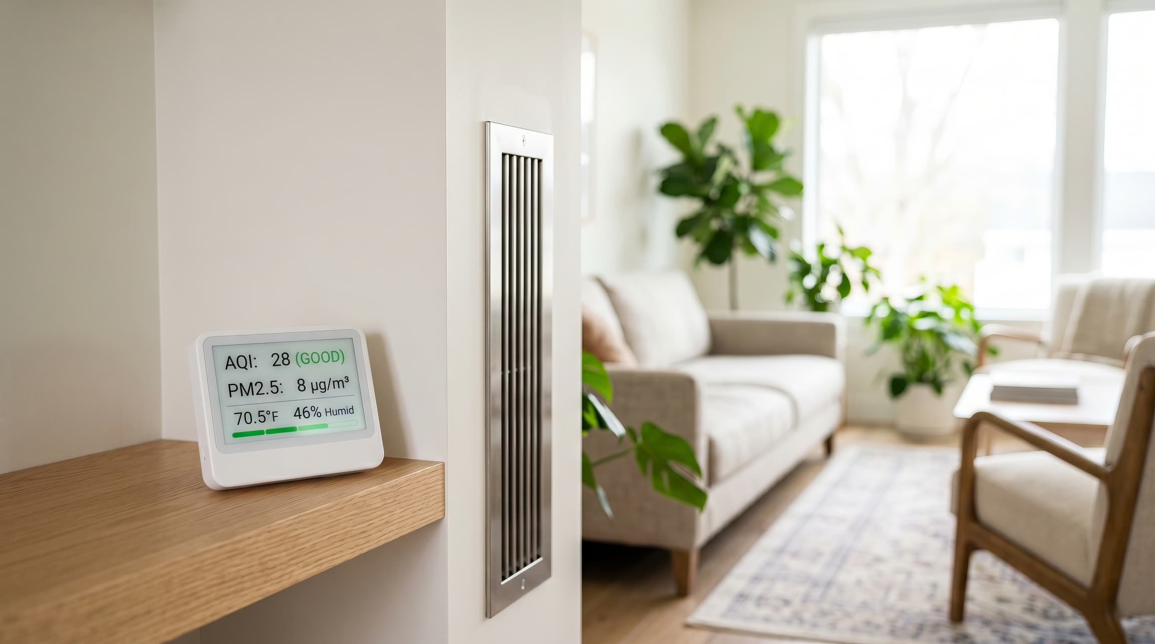 Air quality monitor measuring indoor environment data on a shelf.