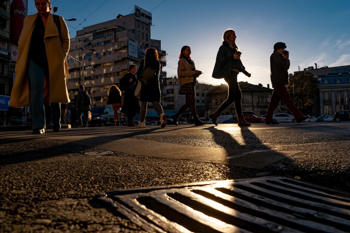 People on the street in Bucharest.