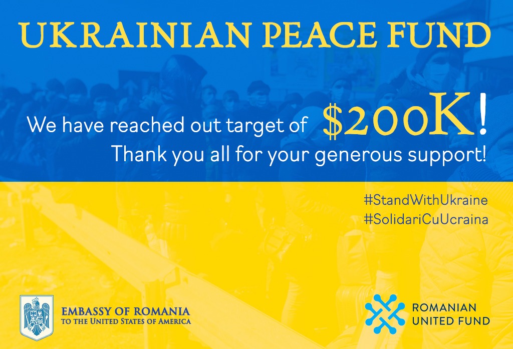 Fondul ucrainean pentru pace lansat de Ambasada României în SUA a strâns 200.000 USD